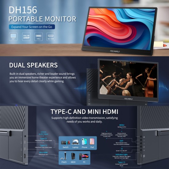 FEELWORLD DH156 15,6 inch Taşınabilir Harici Monitör - FHD, 1080P, USB-C, HDMI