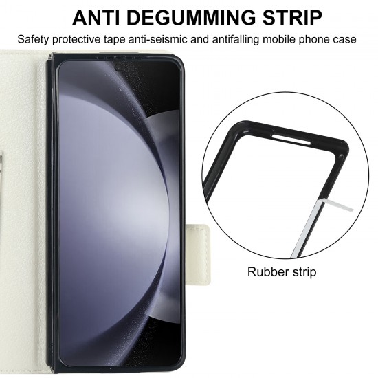 Samsung Galaxy Z Fold5 için Düz Renk Çok Fonksiyonlu Katlanır Deri Telefon Kılıfı - Cüzdan Bölmeli, Kalem Yuvalı