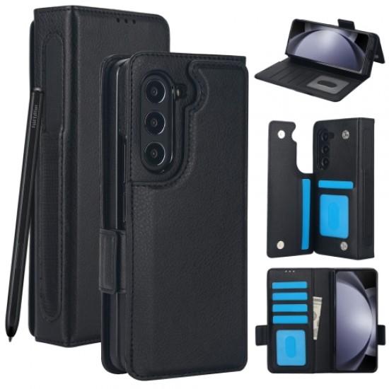 Samsung Galaxy Z Fold5 için Düz Renk Çok Fonksiyonlu Katlanır Deri Telefon Kılıfı - Cüzdan Bölmeli, Kalem Yuvalı
