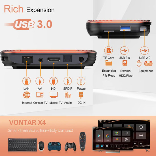 Vontar X3 Akıllı 8K Android 9.0 TV kutusu - Medya Oynatıcı, 4GB RAM + 128GB ROM, Dual Wifi, Google Voice Assistant, Set top box